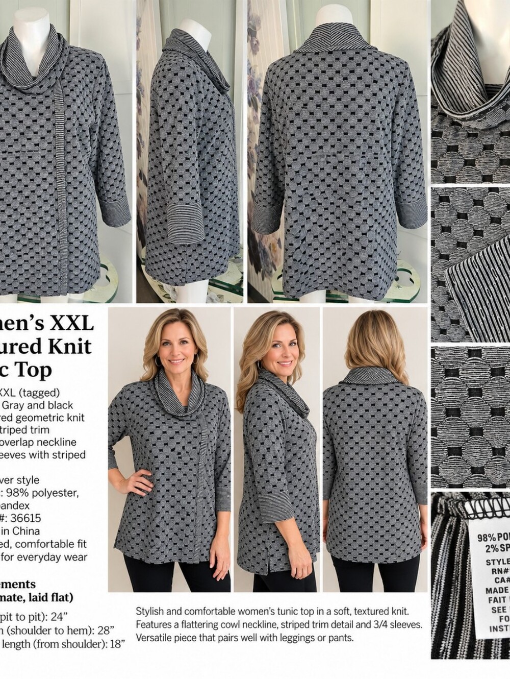 Habitat XXL Gray Black Textured Knit Cowl Neck Tunic Top 3/4 Sleeve
